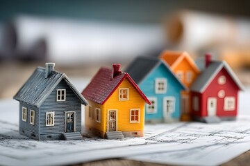 Miniature architectural model houses are placed on technical blueprints with a shallow depth of field, representing real estate planning.