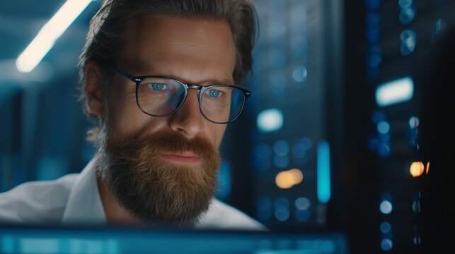 Male it specialist wearing glasses managing server racks in data center - Powered by Adobe