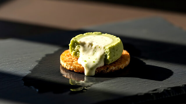 a delicate sliver of wasabi-infused goat cheese, vibrant pale green color and creamy texture, slowly melting on a warm, toasted piece of artisanal rice cracker (senbei) 