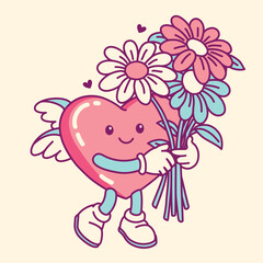 Fototapeta premium Smiling heart mascot holding spring flower bouquet. Isolated valentine illustration for love designs, greeting cards, gifts and seasonal branding.