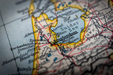 Close-Up of Vintage Map Showing Netherlands and Amsterdam Area