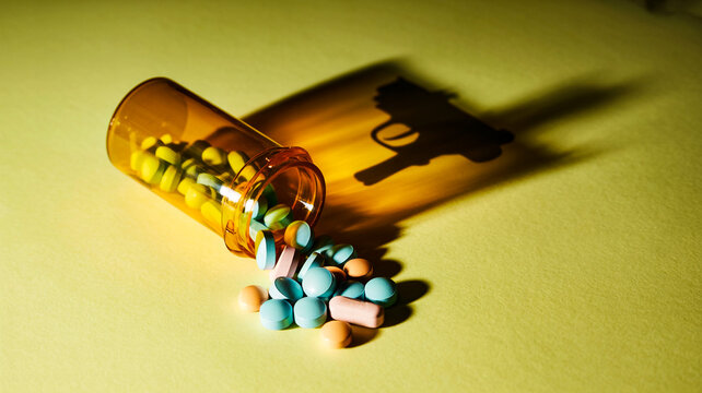 Prescription bottle shadow forms a clear image of a handgun