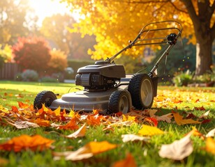 Fototapeta premium Lawnmower on Golden Autumn Leaves in Sunny Garden, Seasonal Yard Work and Home Maintenance