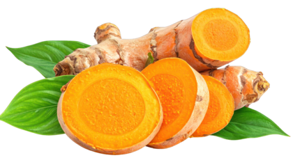 Raw turmeric root and slices with vibrant orange interior & green leaves
