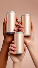 Diverse women hands holding blank soda cans on beige background
