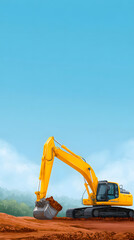 Yellow excavator digging soil at construction site with copy space