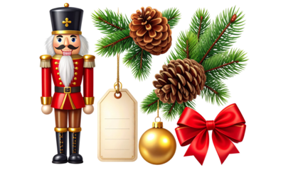 Collection of Christmas-themed elements on a transparent background, featuring Nutcracker, jingle bell, blank gift tag, spruce branch, pine cone, gold and red bauble and gift bow. PNG High resolution.