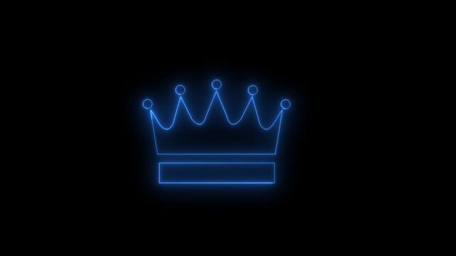 Abstract crown icon 4k animation with neon line frame. Neon Luxury crown outline on black background, glowing border looping king queen crown symbol.