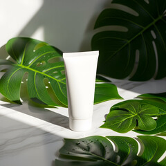 White Cosmetic Tube on Marble with Leaves.