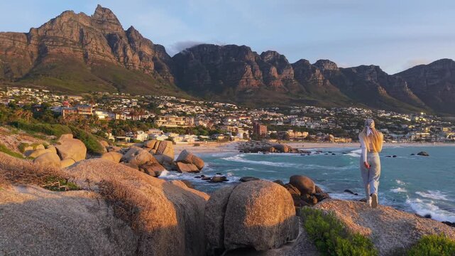Aerial View of Cape Town's Stunning Coastline at Sunset, Featuring Iconic Table Mountain and Serene Beaches