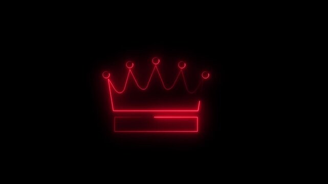 Abstract crown icon 4k animation with neon line frame. Neon Luxury crown outline on black background, glowing border looping king queen crown symbol.