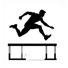 Athletic Silhouette Man Mid-Air Jumping Over Hurdles Against A White Background In A Track And Field Race Showing Determination And Speed
