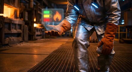 Steelworker monitoring heat levels with digital interface in a brightly lit industrial factory environment.