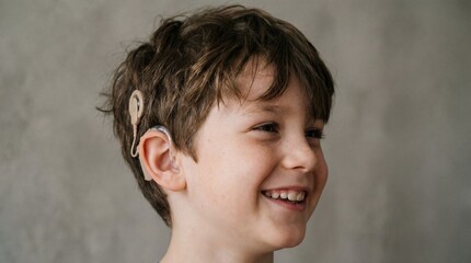 smiling caucasian boy wearing hearing aid behind ear. happy child with deafness disability. medical technology and inclusivity concept. healthcare brochure, social media post, banner with copyspace.