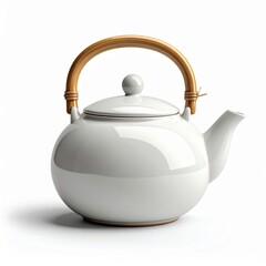Elegant White Ceramic Teapot with Natural Bamboo Handle Isolated on White Studio Background Soft Lighting