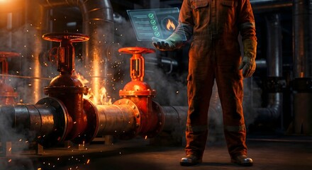 Worker inspecting industrial pipeline system with digital interface showing safety and maintenance data.