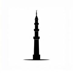 Tall Islamic Minaret Silhouette against White Background with Subtle Shadow Below Architectural Design Element