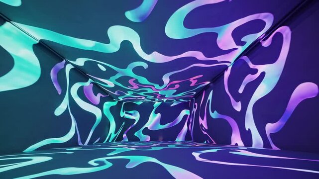 A mesmerizing video concept with abstract neon patterns covering walls and floor. Captured from a wide-angle perspective, creating a surreal, immersive space.