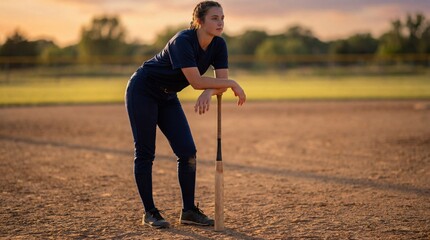 young caucasian woman softball player standing on dirt field at sunset. athlete leaning on bat with serious expression. sports media day concept. banner, website header with copy space.