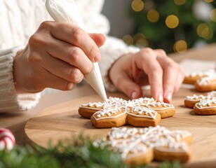 Close Up Of Hands Decorating Christmas Gingerbread Cookie With White Icing Sugar In Festive Kitchen With Christmas Tree Lights Blurred Background