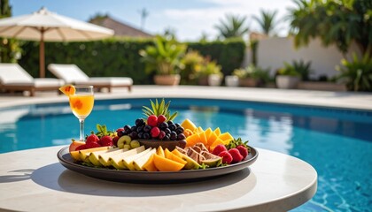 Refreshing Fruit Platter By The Poolside On A Sunny Day With Tropical Ambiance