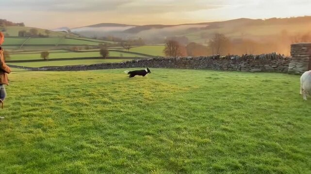 Aerial video of a dog herding sheep at sunrise, capturing a serene rural landscape.