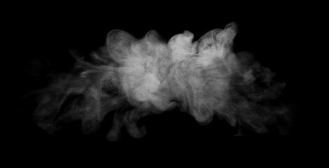 Abstract white smoke and dust cloud isolated on black background, dynamic powder particles and vapor texture for overlay, motion graphics, special effects, mystery and dramatic design.