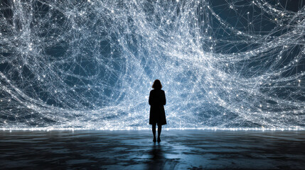 Woman observing global digital network data connecting lines