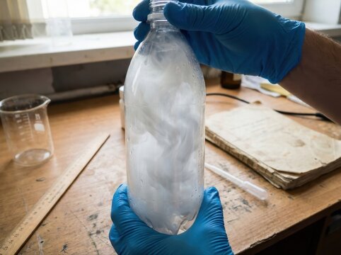 Hands holding plastic bottle performing physics experiment