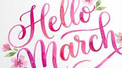 "hello march" pink watercolor calligraphy text with floral decoration on white paper texture. spring season greeting and calendar concept. banner, website header.
