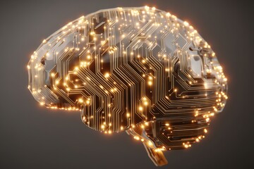 Exploration of artificial intelligence through a brain structure made of glowing circuits showcasing technological advancements in robotics