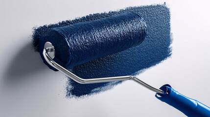 Paint roller with textured blue cover on fresh blue paint stripe against a white background, blue paint roller, paint roller on blue wall, roller brush with blue paint, blue paint roller, paint roller
