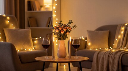 romantic evening setting with two glasses of red wine, roses and candles on table. cozy living room interior with string lights. valentine's day date. banner, website header with copy space.