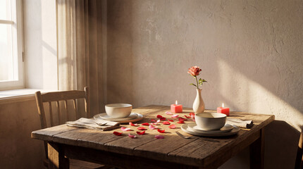 romantic dinner setting on rustic wooden table with red rose and heart candles. sunlight from window. valentine's day celebration. greeting card, banner with copyspace.