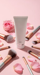 Cosmetic Products and Makeup Brushes with Rose Petals.