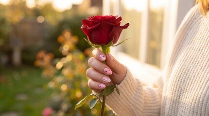 woman hand holding red rose with pink heart nail art. valentine's day manicure design. romantic love gift outdoors. beauty salon, greeting card, social media.