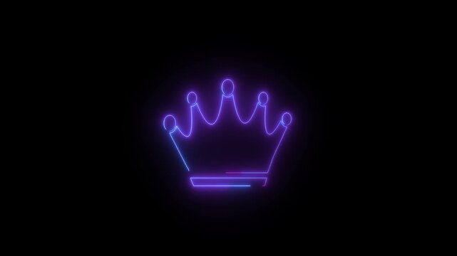 Abstract crown icon 4k animation with neon line frame. Neon Luxury crown outline on black background, glowing border looping king queen crown symbol.