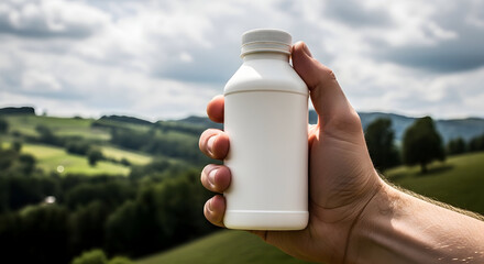 Hand holding white plastic bottle outdoors.