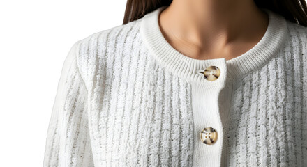 Woman wearing white knitted cardigan with buttons.