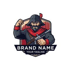 Cartoon Soldier Logo with Gun and Scarf.