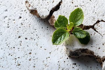 A small green plant emerges vibrantly through the cracks of a rough concrete surface, symbolizing resilience and growth. the contrast between the fragile plant and harsh concrete highlights nature's p