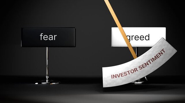 Investor sentiment cycles between fear and greed. Visualizing a repeated pattern of investor sentiment that swings between extremities: fear and greed. Repeating transition from fear to greed.