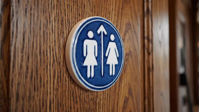 Blue circular ladies restroom sign on a wooden door. Directional arrow pointing up for female toilet. Wayfinding signage in a restaurant or hotel interior