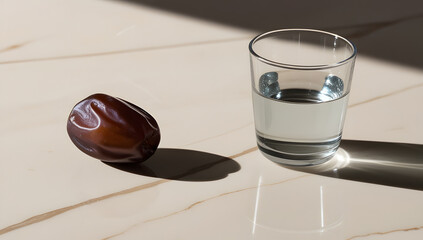 Contemplative Lunch Scene: A Single Date and Hydration Glass on Smooth Marble Tile