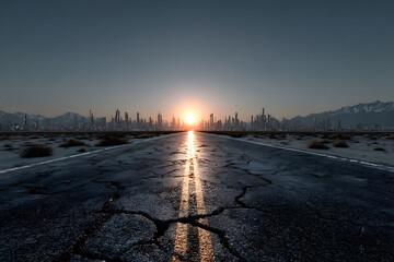 Endless road extends toward a futuristic cityscape under a dramatic sunset, evoking themes of exploration and aspiration. the cracked pavement and barren terrain contrast with the distant modern skyli