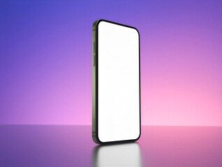 Smartphone device with white screen display on purple pink gradient background and reflective surface for mockup template