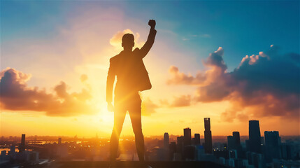 夕日を背景にしたシルエットの男性