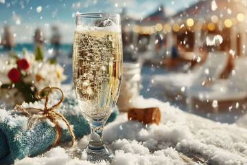 Champagne glass amidst snowflakes symbolizes a unique winter holiday celebration. featuring sparkling wine and vibrant beach backdrop, this imagery combines luxury with festive cold-weather charm. Gen