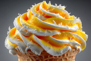 Close-up view of a beautifully swirled yellow and white ice cream atop a waffle cone. the vibrant colors and intricate texture evoke a sense of indulgence and refreshment, ideal for summer-themed desi