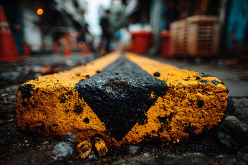 A dynamic urban street scene featuring prominent yellow road markings on a weathered curb. the use of shallow depth of field creates a dramatic perspective, texture and contrast in a bustling city env